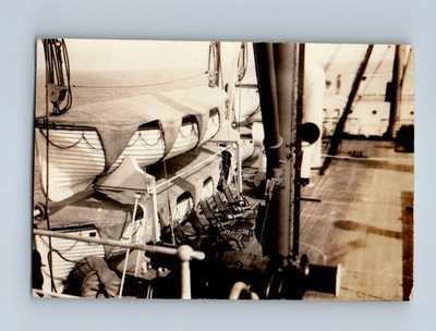 Old Vintage Photo CRUISE SHIP DECK LIFE RAFT BOAT ANTIQUE SNAPSHOT PHOTOGRAPH