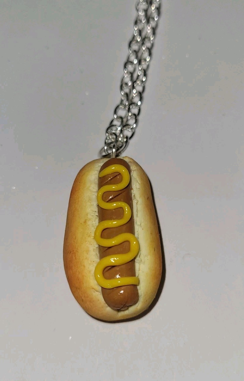 Hot Dog Necklace Silver Charm Mustard Hot Dog Bun Food