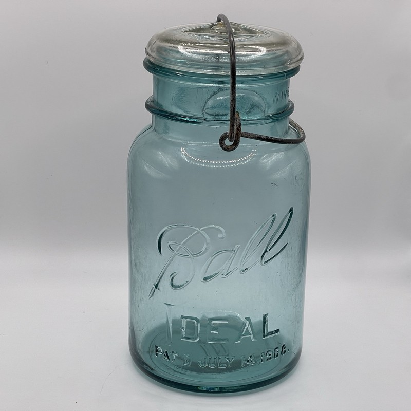 VINTAGE BALL  CANNING JAR IDEAL PAT JULY 14, 1908 MASON BLUE GLASS  LID WIRE #8