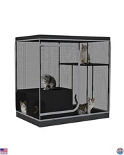 DINMO Spacious Black Cat Cage - Multi-Level Indoor Enclosure with Litter Box