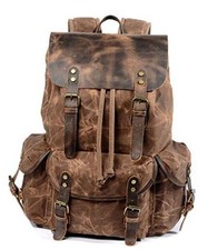 Leather Backpack for Men, Waxed Canvas Shoulder Rucksack Carry-On Coffee