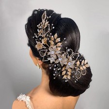 Luxury Bridal Wedding Flower Leaf Rhinestone Headband Crystal Hair Piece Gold