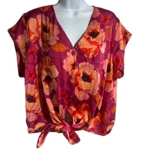 DR2 Womens Floral Tie Front V-Neck Blouse Size  XXL Pink Orange Button Up Satin