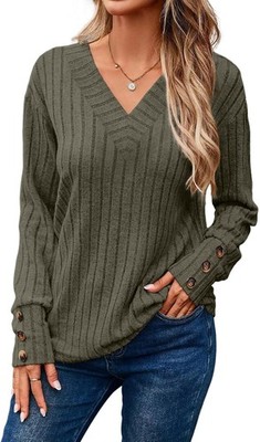 Dokotoo Damenpullover mit langem Ärmel, eleganter V-Ausschnitt, Grün L