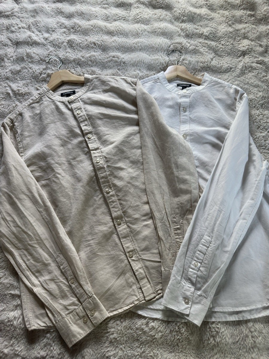 Express MENS Collarless Dress Shirts (2) - Medium - White and Ivory | eBay
