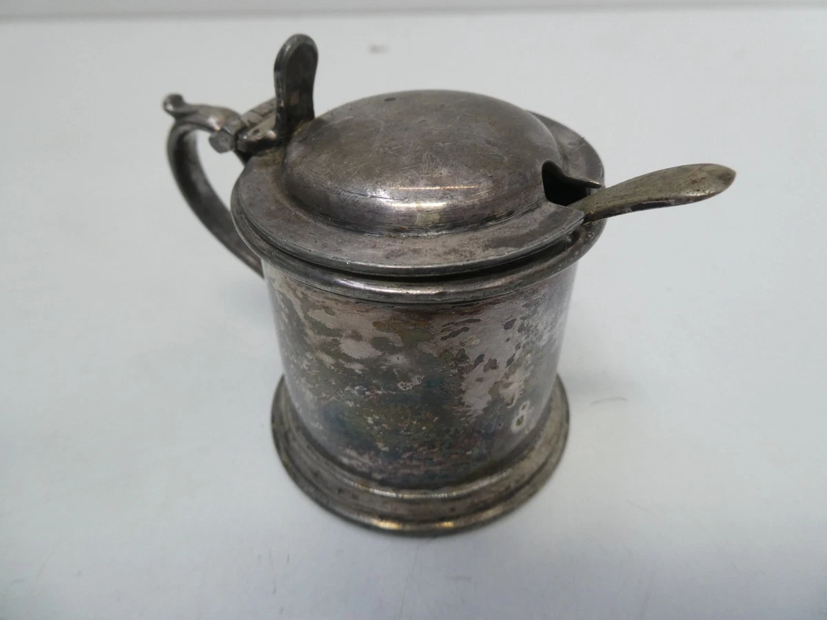 ANTIQUE WALKER & HALL SHEFFIELD MUSTARD JAR POT SILVER PLATED EPNS & APEX SPOON