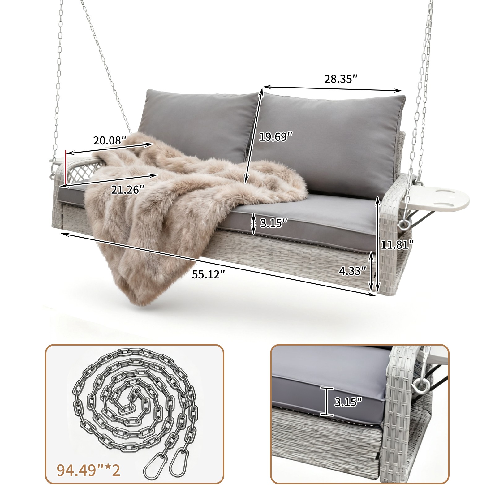 Wicker Porch Swing Hanging Chair Outdoor Patio Swing Bench w/Side Table