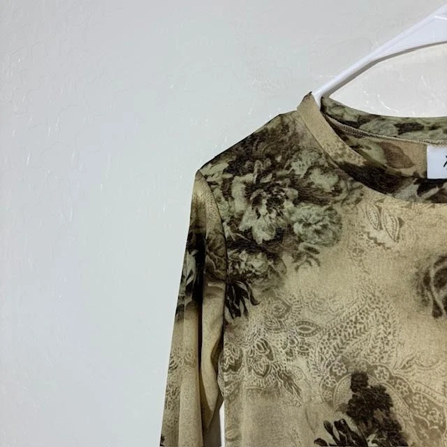 Camisa Yasuko Mujer Pequeña Beige Verde Floral Malla Transparente Manga Larga Hecha en EE. UU. Foto 2 de 4