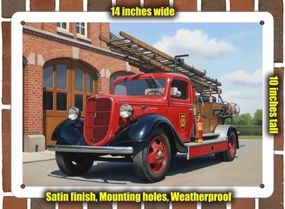 Metal Sign - 1938 Ford Fire Truck Oil Painting - 14x10