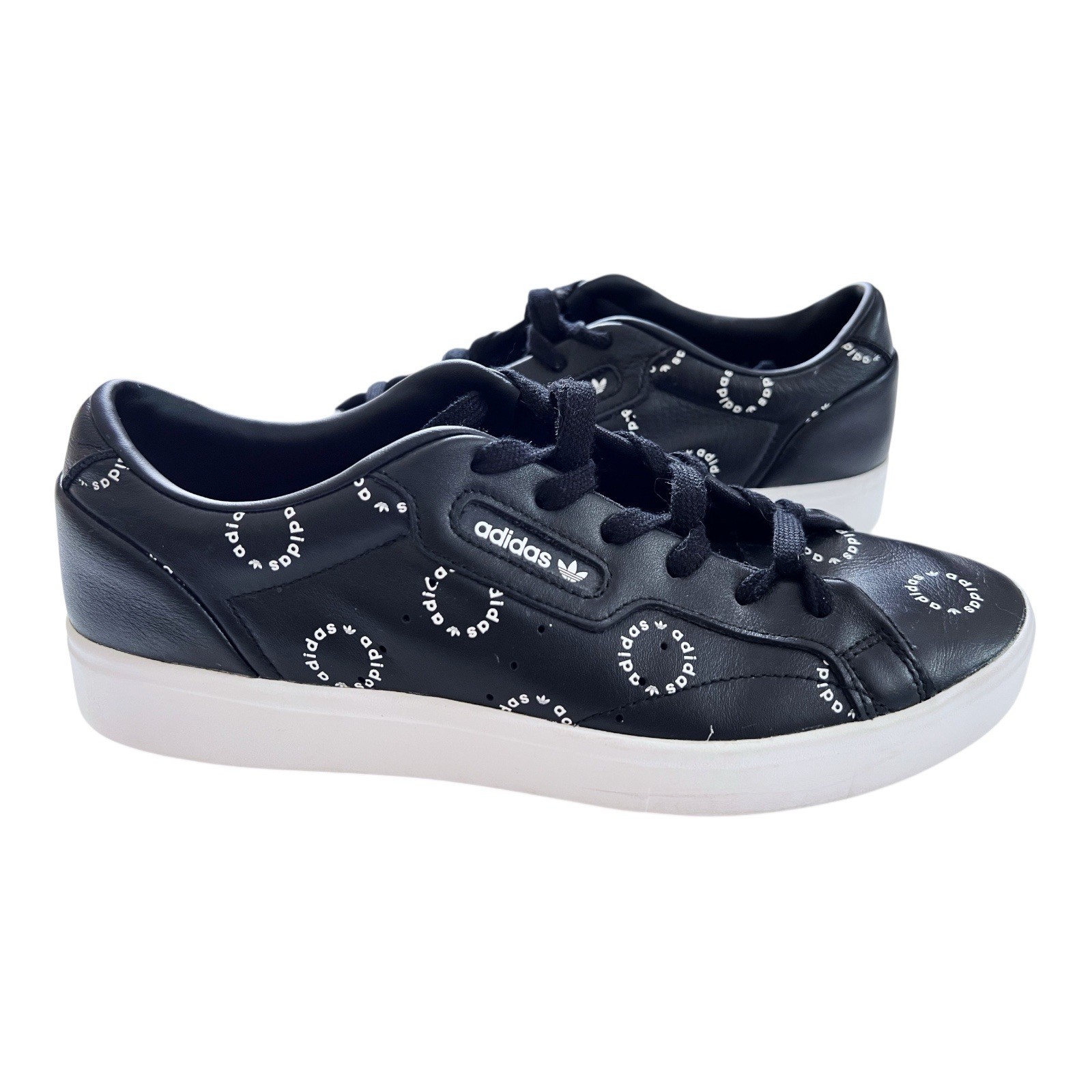 Adidas Sleek Monogram Leather Sneakers Black Circle Logo Print Womens 9M Adidas Sleek Monogram Leather Sneakers Black Circle Logo Print Womens 9M