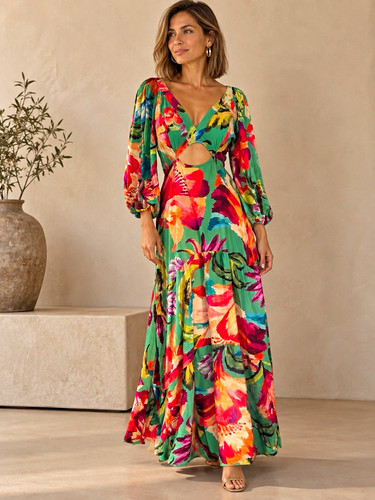 FARM RIO FROM BRASIL Floral V-Neck Long Sleeve Cut Out Lightweight Maxi Dress M