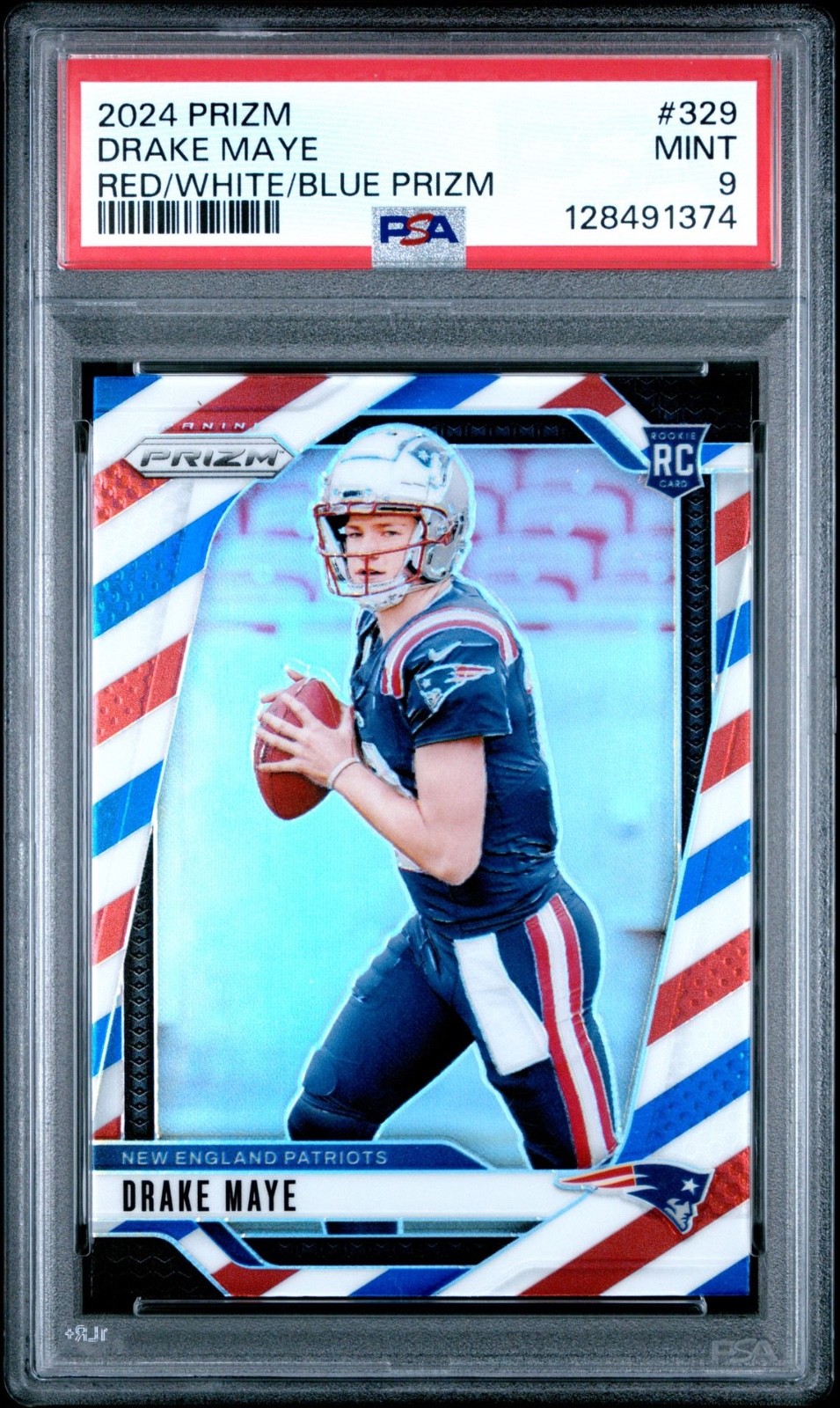 2024 Panini Prizm Drake Maye Red/White/Blue #329 Rookie RC PSA 9 Mint