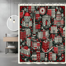 Red Black Cityscape Shower Curtain, Urban Buildings Pattern