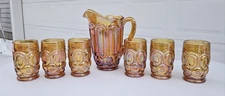 Weishar Moon And Star Amber Carnival Fullsize Water Set Pitcher 6 Tumblers