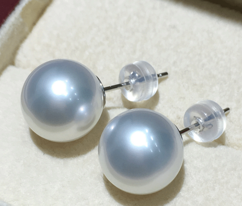 Pair of 12mm south sea genuine white perfect round pearl STUD earring 338GAAA - Bild 1 von 2