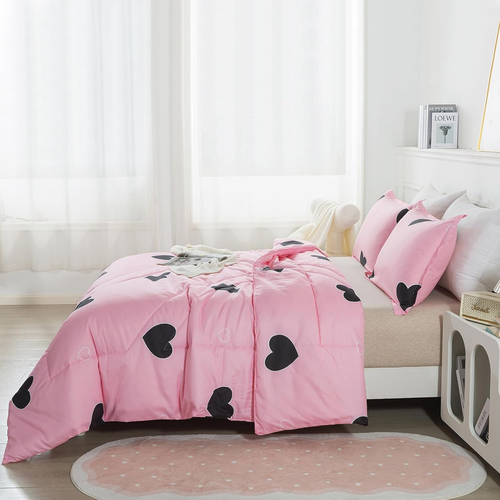 Love Pattern Girls Pink Comforter Set Full Size, Blush Pink Cute Love Heart Sexy - Picture 3 of 12