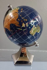 MINIATURE DESK TOP GEMSTONE INLAY WORLD GLOBE STAND 5.5" TALL BLUE SPINS & WORKS