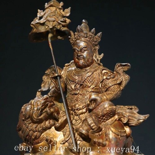8.2" Old Tibet Bronze Gilt Vaishravana On Lion Protector Deity Buddha Statue - Picture 5 of 9