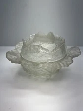 Portieux Vallerysthal Cabbage Bowl Frosted Glass Lidded France