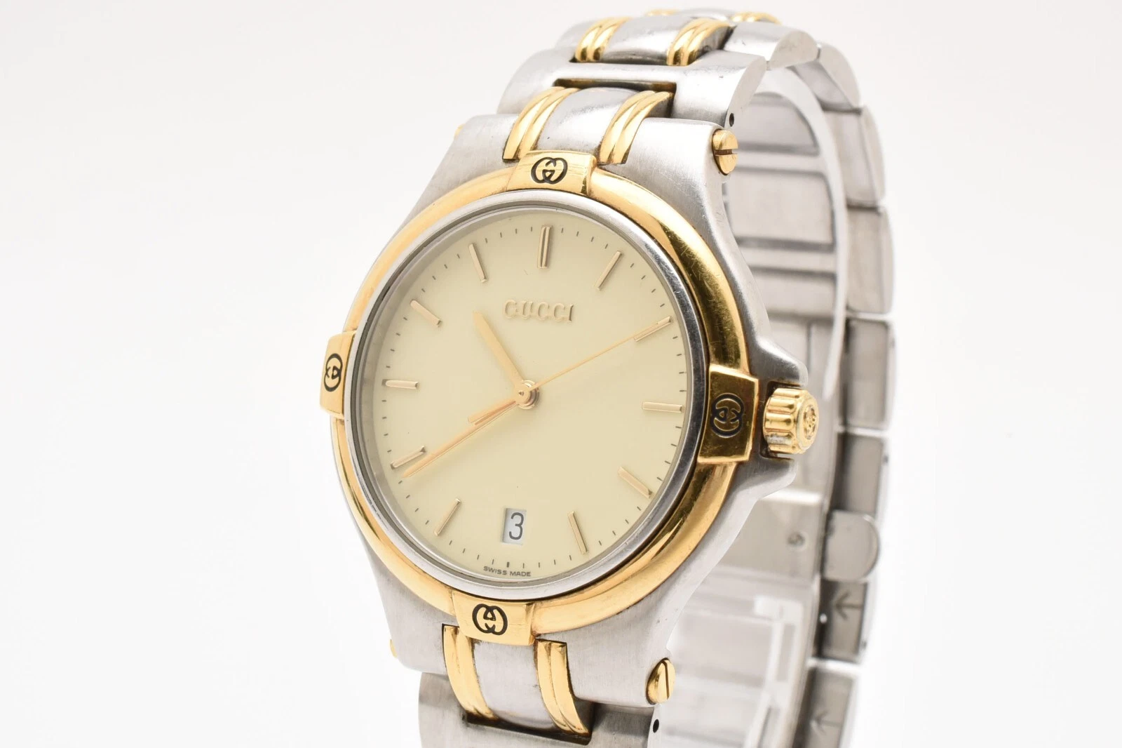 [Exc+5] Montre Homme Gucci 9040M Cadran Beige Ivoire Quartz Or Argent JAPON