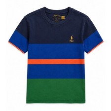 Polo Ralph Lauren Boys M 10-12 Colorblock Striped T-Shirt Navy Blue Green Pony