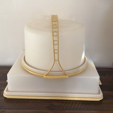 VTG Harvest Gold Tupperware Round Cake Carrier Rectangular Pastry Bake Take Set