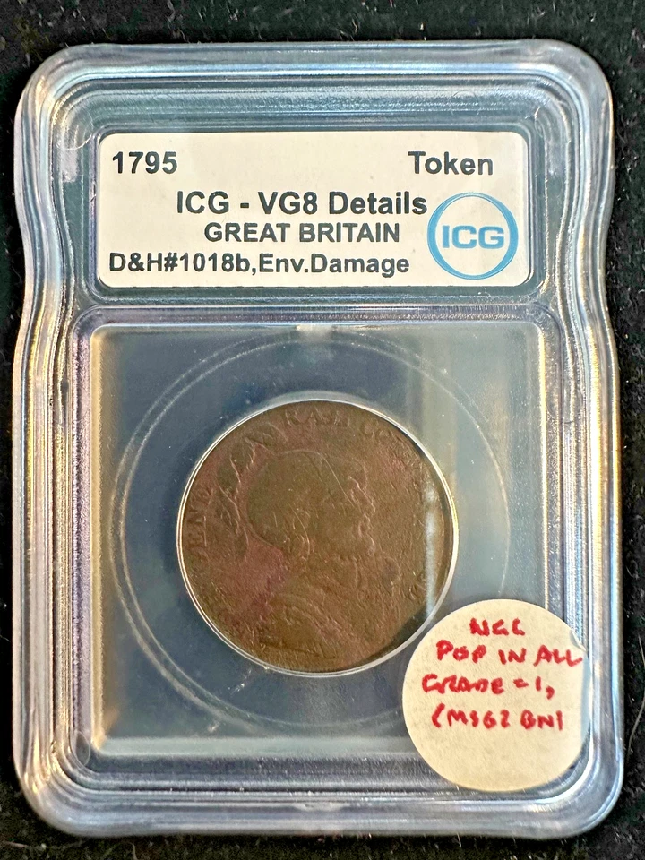 PRINCESA DE GALES 1795 Gran Bretaña Unión Ficha Medio Penique D&H #1018b ICG-VG8 Foto 2 de 4