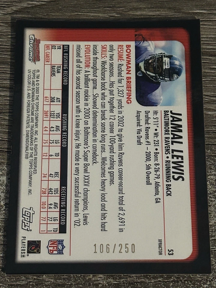 Jamal Lewis 2003 Bowman Chrome XFRACTOR #53 (106/250) NM-MINT Ravens SP - Image 2 of 2