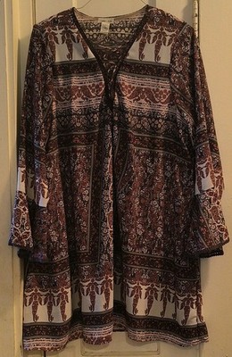 Clover + Scout Floral Polyester Bohemian Lace Up Bell Sleeve Knee Dress 1X