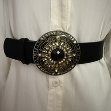 Black distressed PU leather circle buckle elastic waistband skinny belt