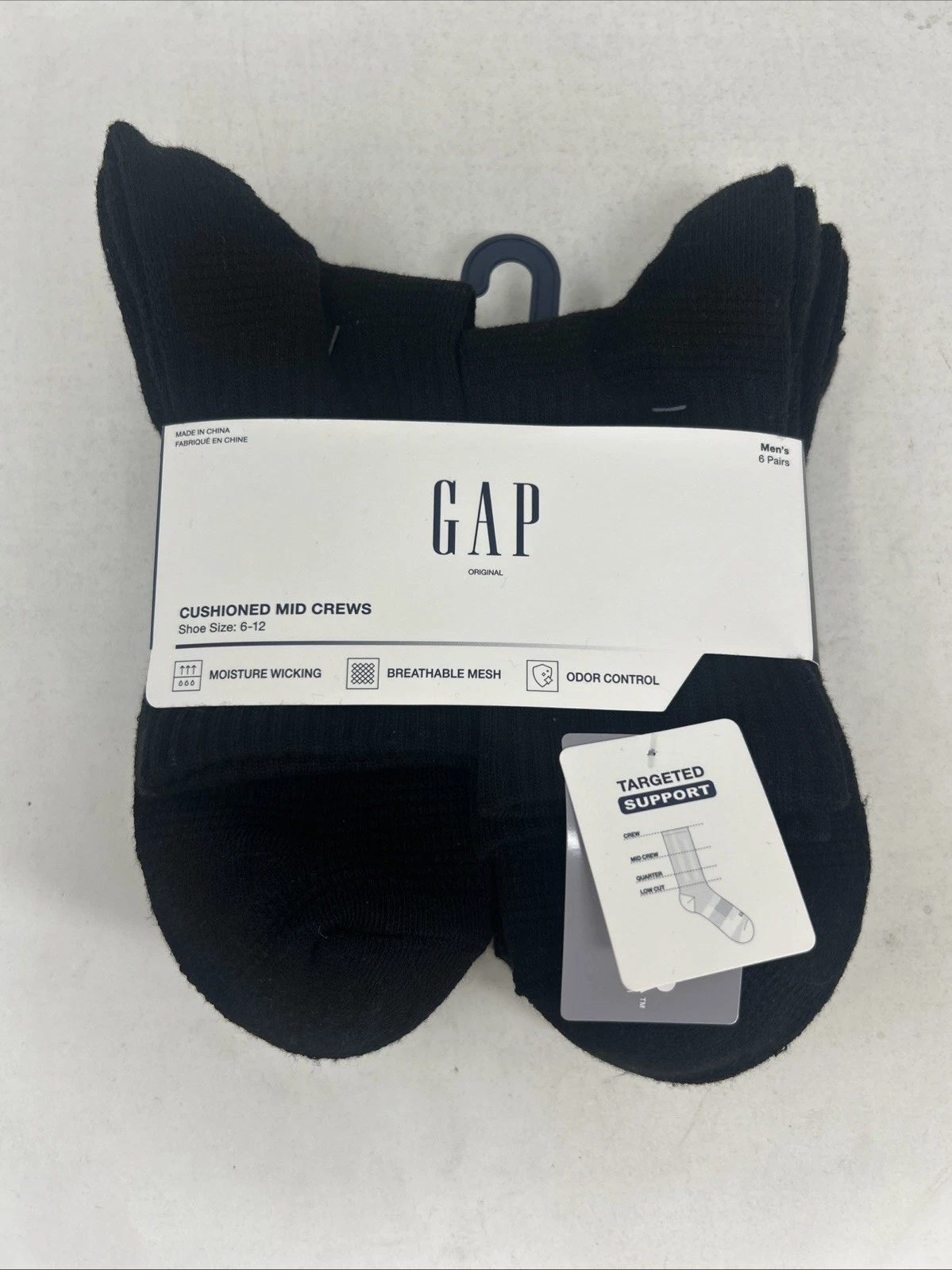 GAP Mens Socks Mid Cushioned Moisture Wicking 6 Pair Shoe Size 6-12 Black ZZ1