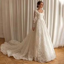 Square Neck Long Sleeve Leaf Lace A Line Wedding Gown With Long Train Custom