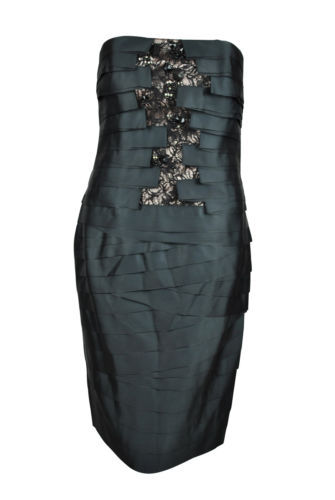 Cartise Womens Black Ribbon Lace Applique Strapless Sheath Dress 4 $445 New - Picture 1 of 2
