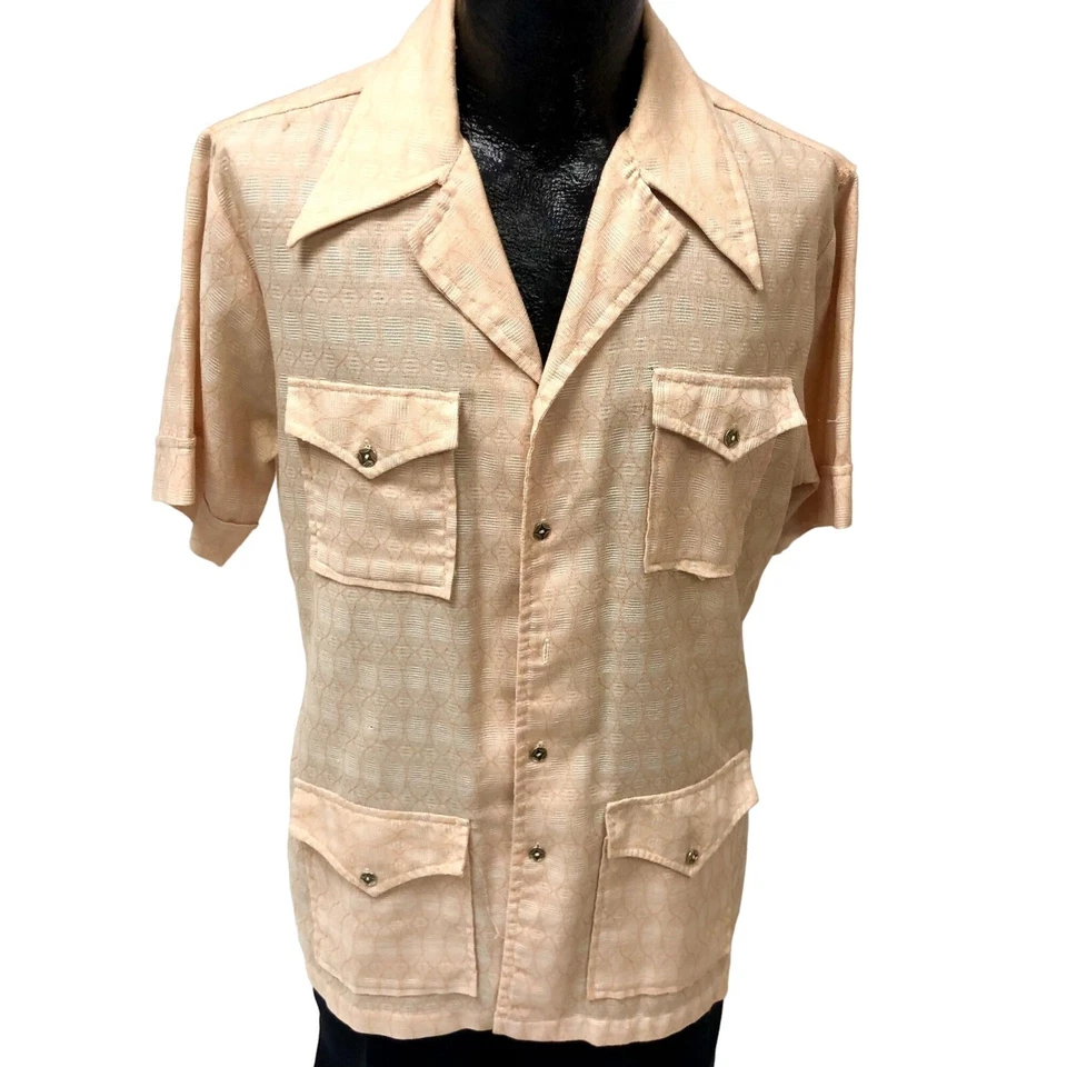 Vtg 70's Elite Textured Peach DISCO Cabana CUBAN CIGAR Lounge Safari MoD Shirt M - Image 4 of 4