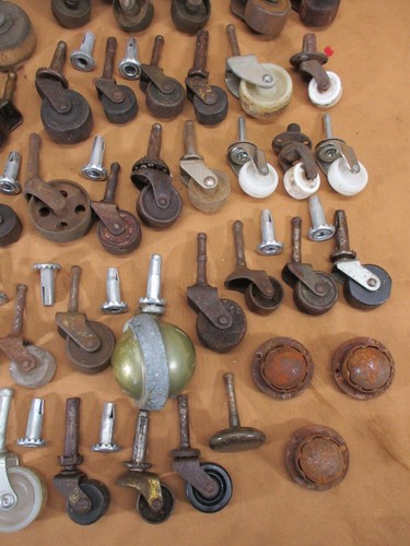 HUGE Lot 80+ Antique Vtg Furniture Casters Wheels Wood Iron Brass Salvaged Parts - Picture 6 of 24