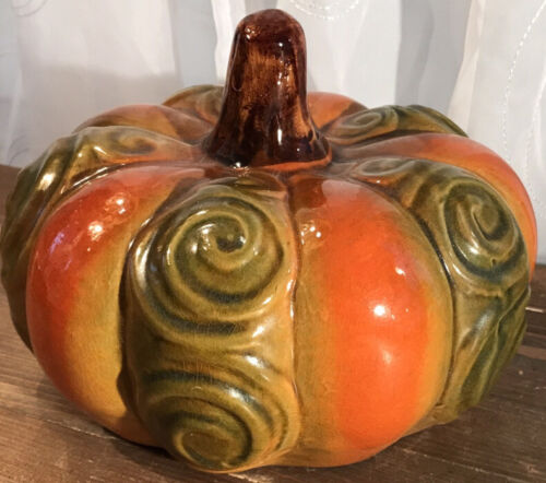 Orange und grün Keramik Wirbel Kürbis mit Stiel Herbst Erntedank Halloween - Bild 2 von 7