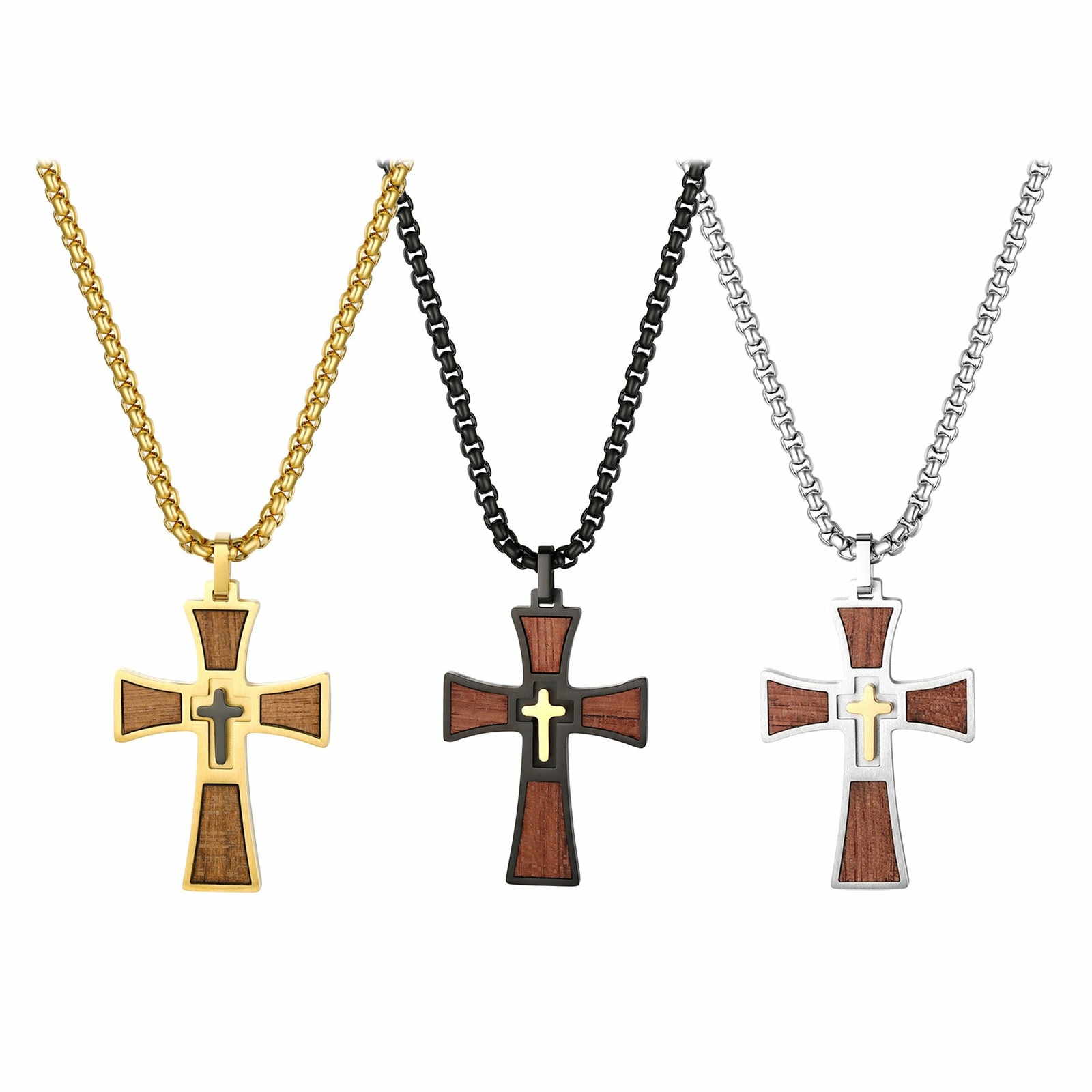 Men's Stainless Steel Wood Wooden Cross Pendant Chain Prayer Necklace Religious