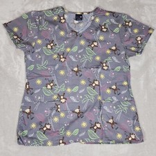 Zoe  Chloe Scrub Top Womens Medium Gray Floral Monkeys Birds Medical Nurse