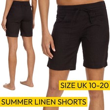 Womens Linen Above Knee Length Shorts Summer Black Bleathable Half Pant UK 10-20