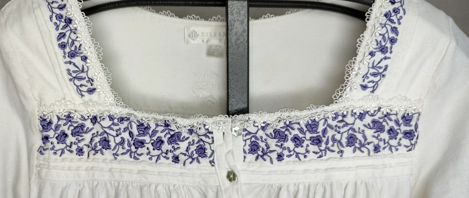 Camisón manga larga Eileen West talla Lg blanco púrpura ribete floral franela de algodón Foto 4 de 4
