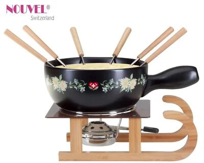 Käsefondue-Set für 6 Pers. Nouvel Swiss " Schlitten Blumenwiese ** Traumhaft **