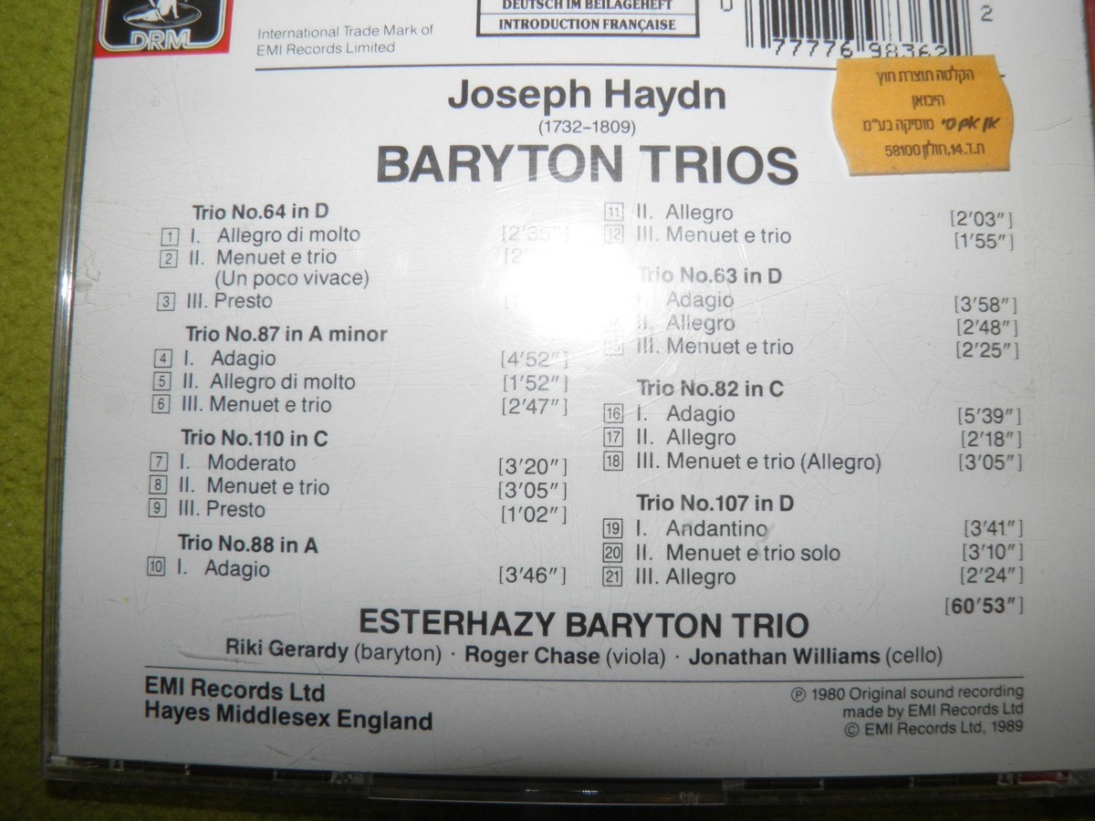 Haydn - Esterhazy Baryton Trio - 63,64,82,87,88,107,110 EMI 1990