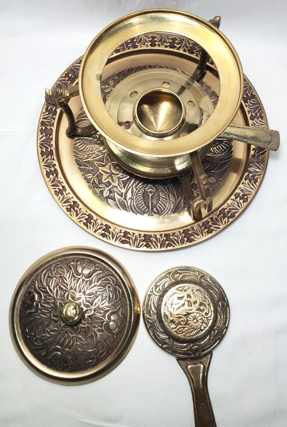 Vintage Brass Korean Fondue Set 6 Piece Floral Pattern