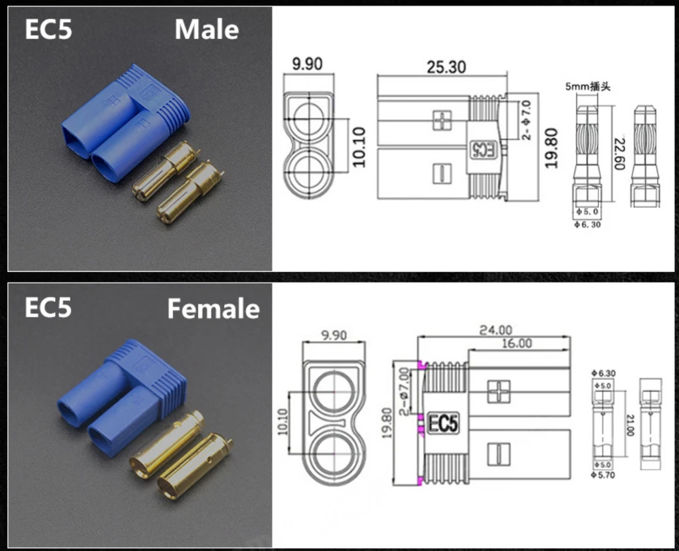 8x Paar 16 Stück EC5 5mm Hochstromstecker Stecker + Buchse Goldstecker bis 120A - Bild 2 von 4