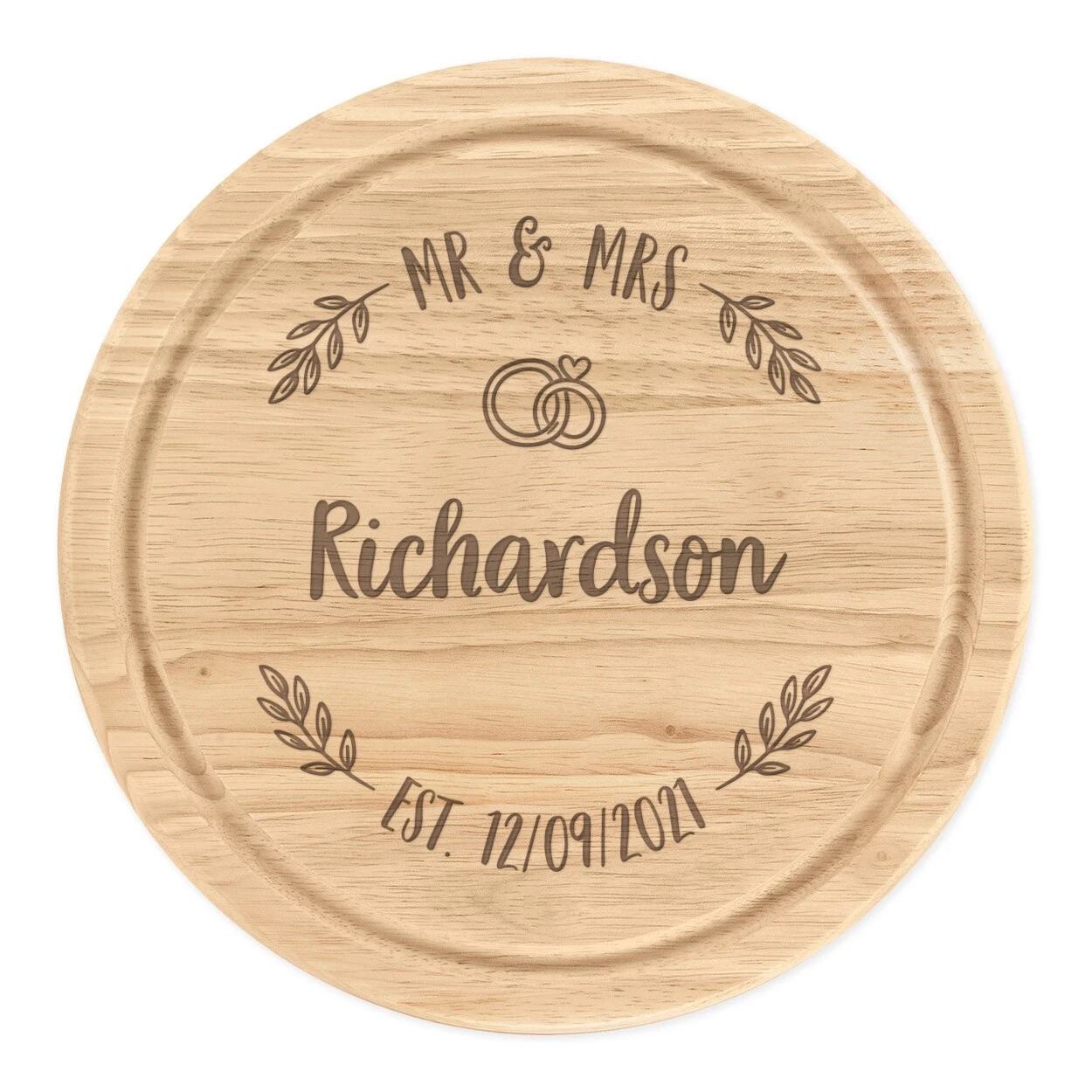 Personalised Wooden Chopping Cheese Board Round 25cm Custom Wedding Wreath