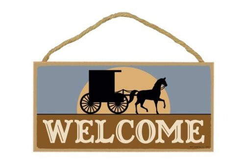 WELCOME Amish Horse & Buggy Primitive Wood Hanging Sign 5" x 10" - Picture 1 of 1