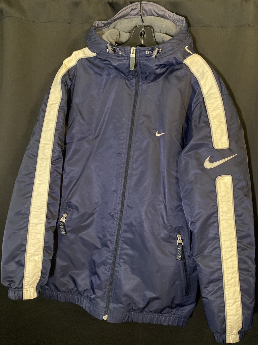 VTG Y2K Nike Navy Puffer Coat Jacket Hood Big Swoosh Tech