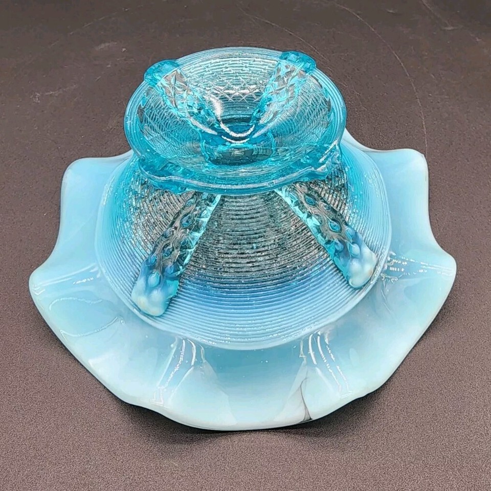 Vintage Northwood Blue Opalescent Ruffled Button Panels Compote Candy