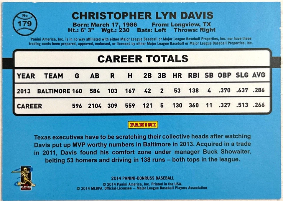 2014 Panini Donruss Press Proof Gold /99 Chris Davis #179 Baltimore Orioles - Image 2 of 2