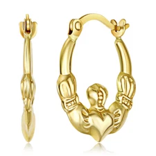 Wellingsale 14k Yellow Gold Claddagh Hoop Earrings (12 x 12mm)